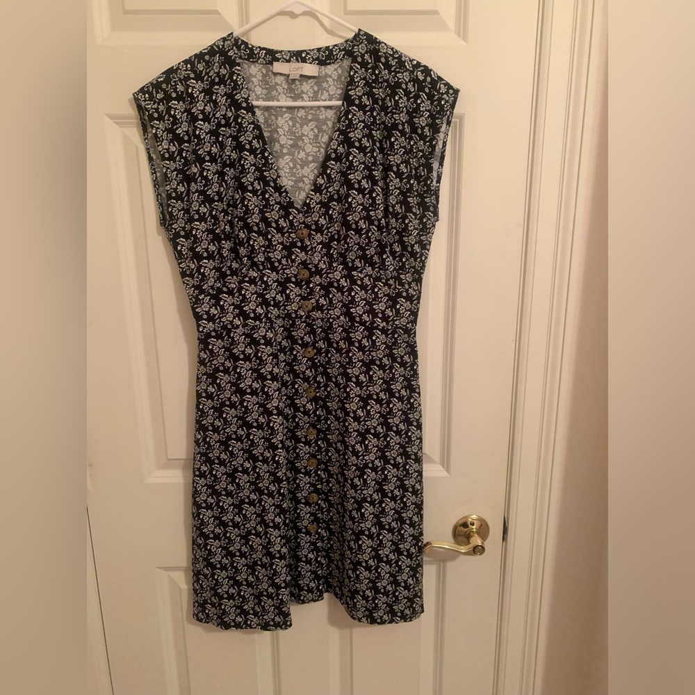 LOFT Black and White Floral Midi Dress